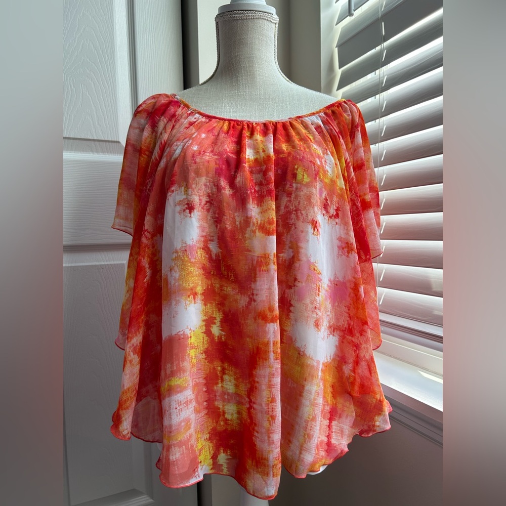 Cato Vermillion Tie Dye Scoop Neck Drapey Short Sleeve Blouse